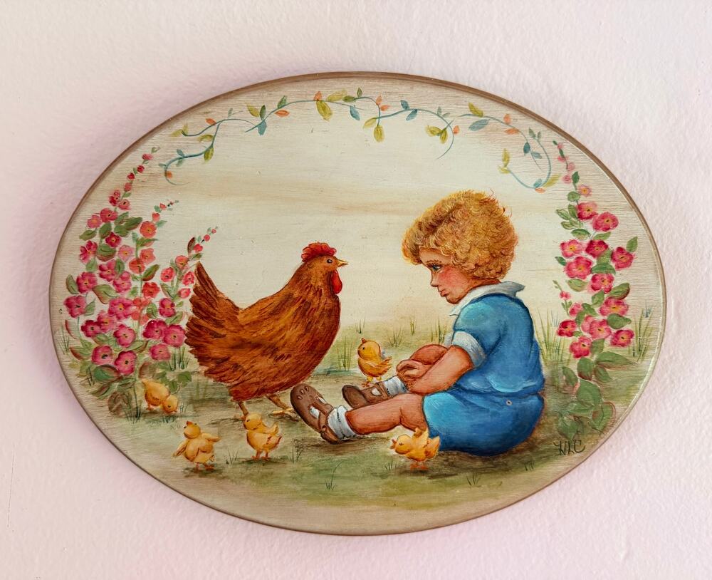 Vintage Folk Art Painting - Hand Painted Hen Chicks Nursery Plaque Signed 13x8